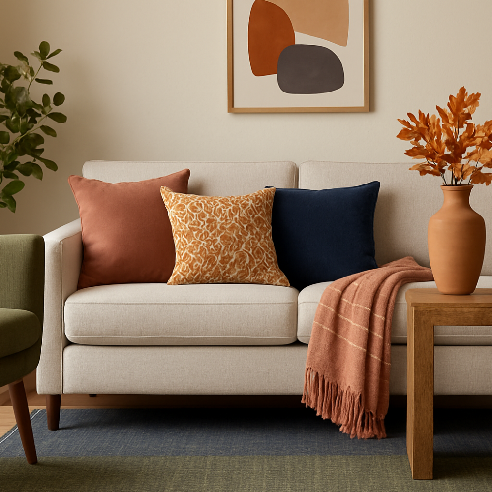 A stylish living room decorated with modern fall colors like olive green and deep navy